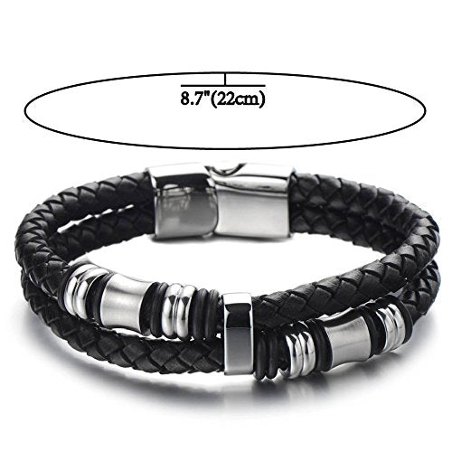 COOLSTEELANDBEYOND Mens Double-Row Braided Leather Bracelet Bangle Wristband with Stainless Steel Ornaments