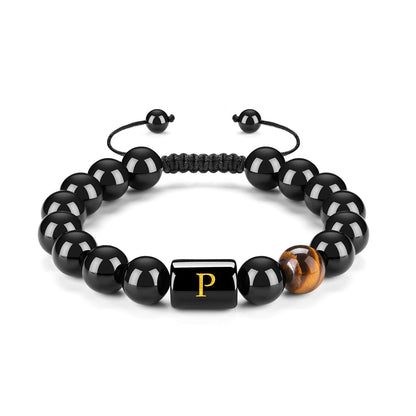 Initials Bracelets for Men Letter Link Handmade Natural Black Onyx Tiger Eye Stone Beads Braided Rope Meaningful Bracelet
