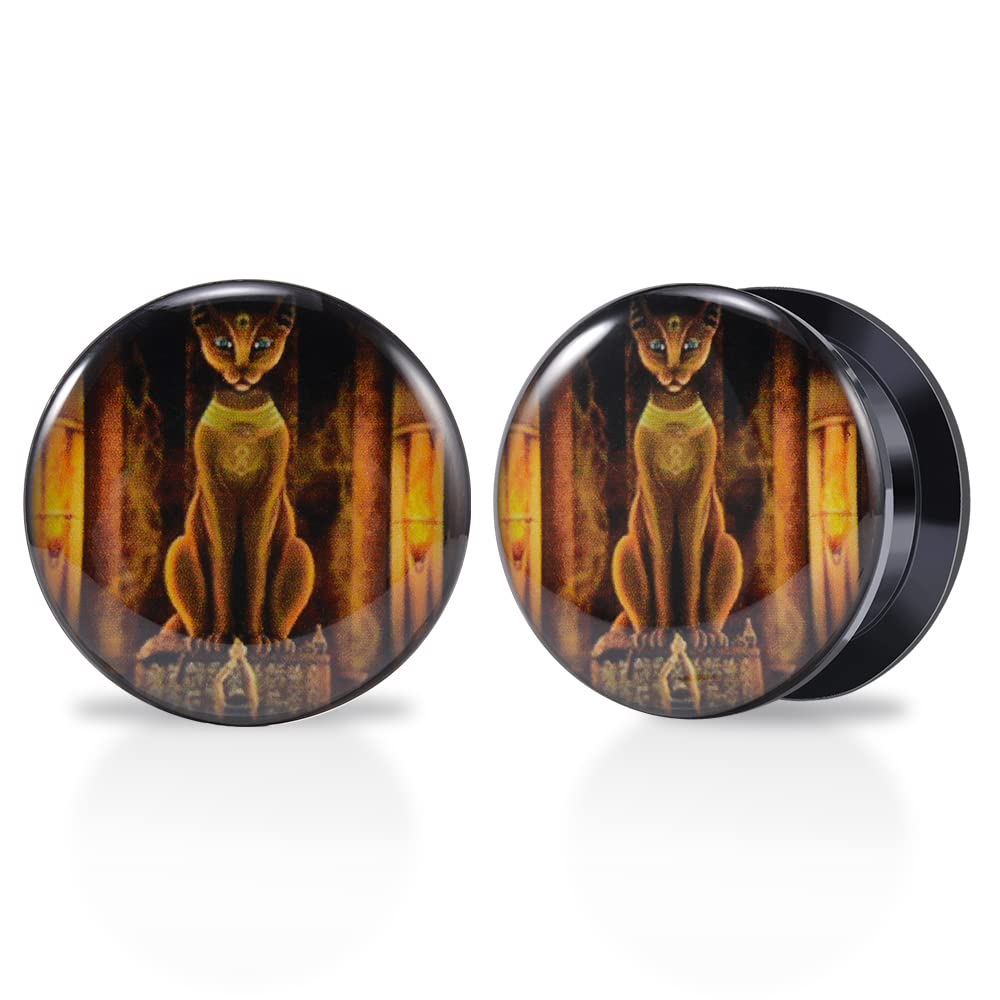 1 Pair Acrylic Solid Screw On Ear Plugs Tunnels Resin Allergy Free Stretcher Egyptian Cat Goddess Egypt Mythology Color Drawing For Women Men Body Piercing Jewelry