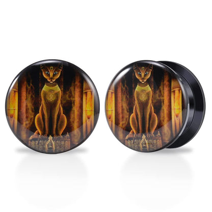 1 Pair Acrylic Solid Screw On Ear Plugs Tunnels Resin Allergy Free Stretcher Egyptian Cat Goddess Egypt Mythology Color Drawing For Women Men Body Piercing Jewelry
