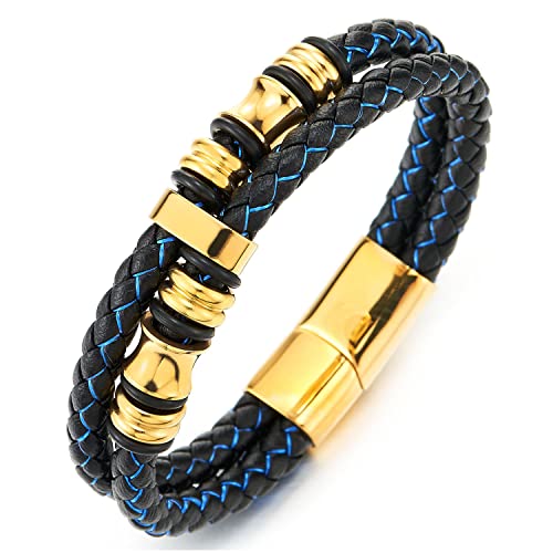 COOLSTEELANDBEYOND Mens Double-Row Braided Leather Bracelet Bangle Wristband with Stainless Steel Ornaments