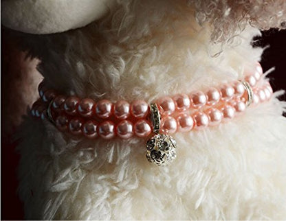 Luxury 2 Row Pearls Rhinestones Pet Cat Dog Necklace Collar Jewelry with Bling Crystal Ball Charm Pendant for Pets Cats Small Dogs Female Puppy Chihuahua Yorkie Girls Costume Outfits