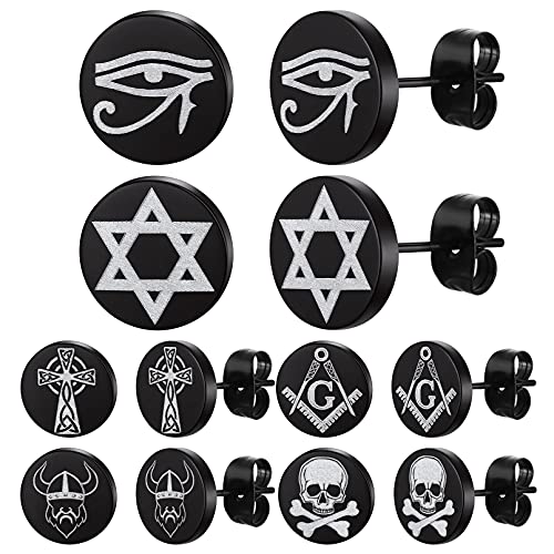 FaithHeart Cool Earrings Set Viking Runes Stuff/Eye of Horus/Cross Black Studs/Hoops Earrings for Men Women with Delicate Packaging