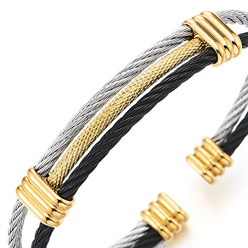 COOLSTEELANDBEYOND Men Women Stainless Steel Twisted Cable Adjustable Cuff Bangle Bracelet