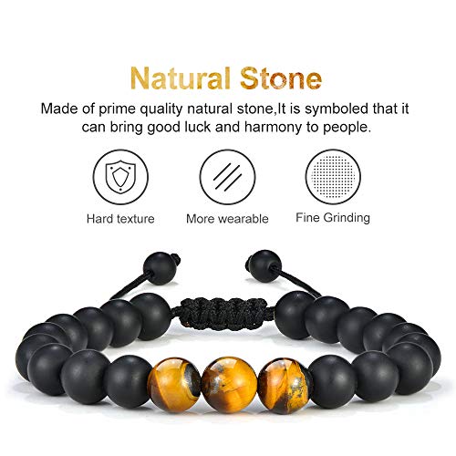 M MOOHAM Natural Stone Bracelets for Men - 8mm Tiger Eye | Matte Agate | Lava Rock Bracelets for Men Teen Boys Gifts Fathers Day Anniversary Birthday Gifts for Him