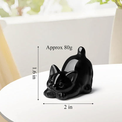Black Obsidian Cat Statue Crystals and Healing Stones Cat Carved Room Home Decor Figurines for Office Lazy Sculpture Stone Crystal Desk Cute Art Decoration Gemstones Gifts for Cat Lovers Women