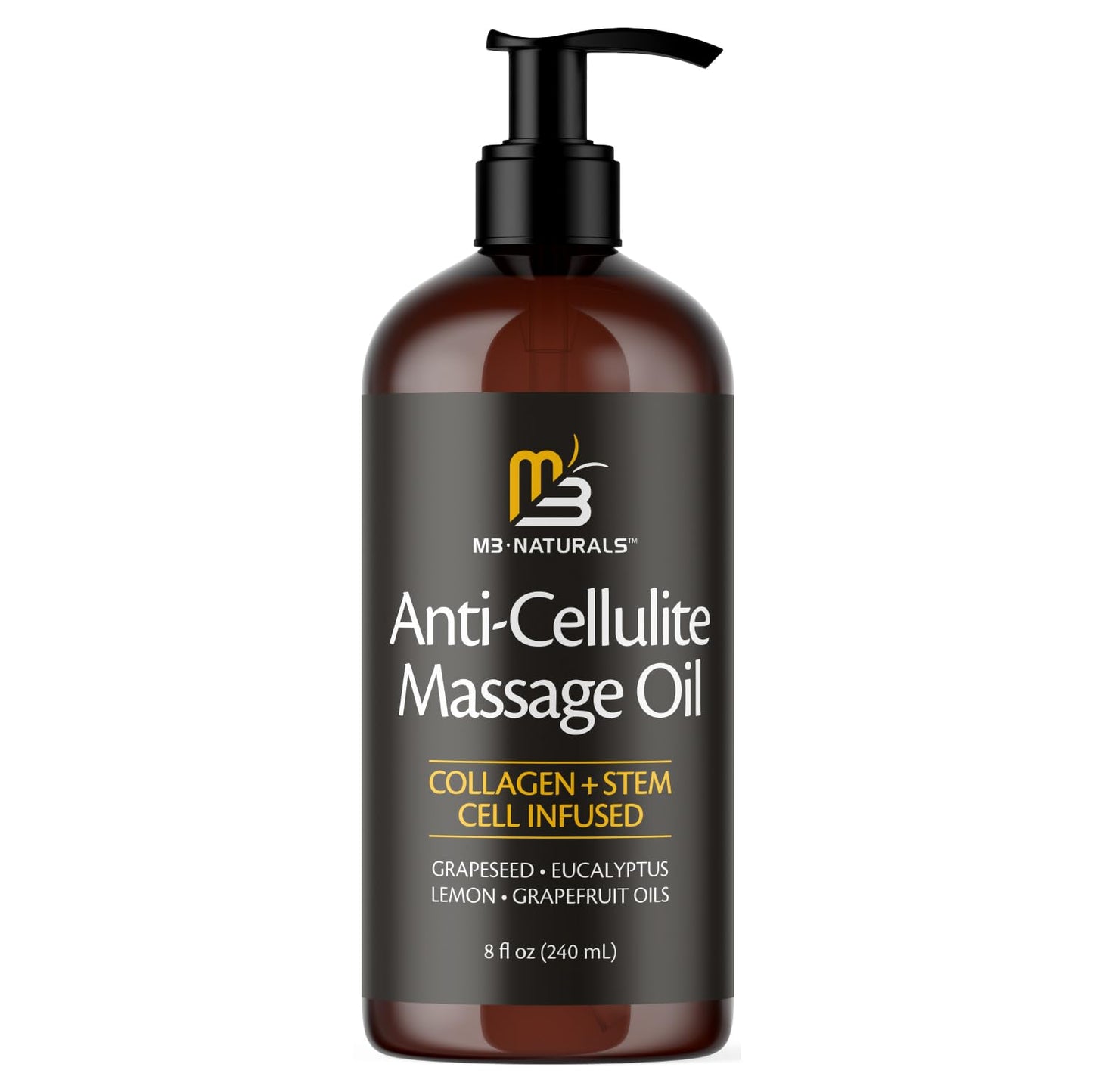 Anti Cellulite Massage Oil for Massage Therapy - Collagen and Stem Cell Skin Tightening Cellulite Cream for Women - 8 Fl Oz by M3 Naturals