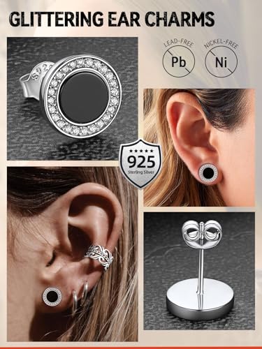 FaithHeart Sterling Silver Viking Runes Earrings for Men Women Black Onyx Stud Earrings Norse Mythology Amulet Jewelry with Gift Box