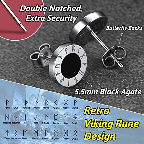 FaithHeart Sterling Silver Viking Runes Earrings for Men Women Black Onyx Stud Earrings Norse Mythology Amulet Jewelry with Gift Box