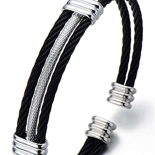 COOLSTEELANDBEYOND Men Women Stainless Steel Twisted Cable Adjustable Cuff Bangle Bracelet