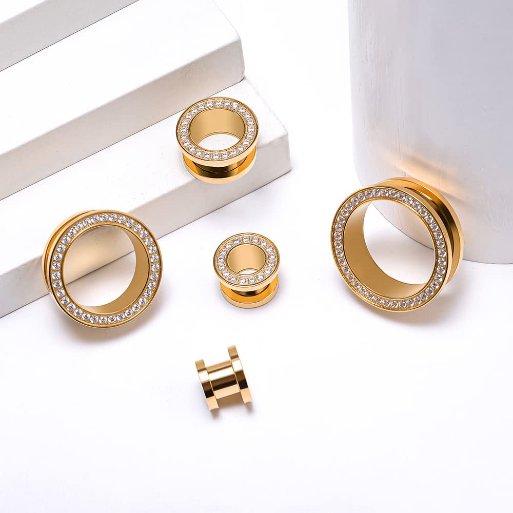 1 Pair Surgical Steel Screw Fit Tunnels Ear Plug Gauges Gold Gem Expander Stretcher Earrings 6mm-25mm