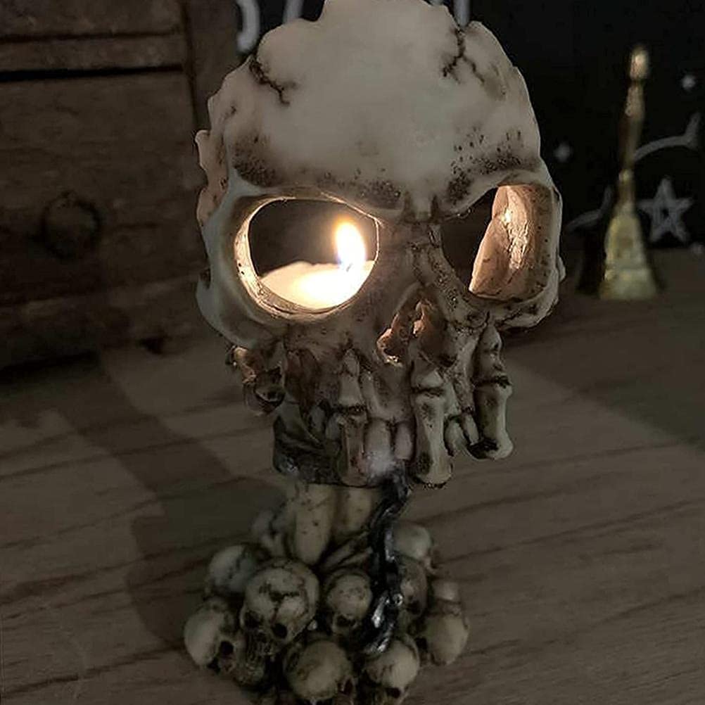 Spooky Tealight Candle Holder - Halloween Decorations Horror Skeleton Skull Candle Holders - Resin Candlestick Gothic Style Home Decor for Bedroom Living Room (White)