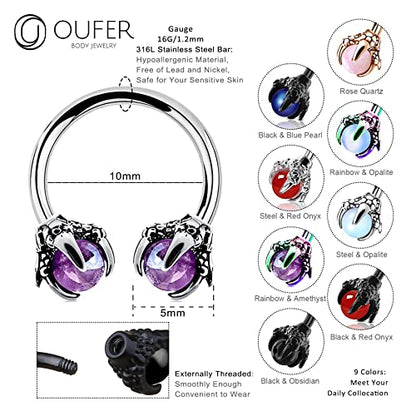 OUFER 316L Surgical Steel Circular Earrings Two White Opals Surrounded by Dragon Claws Cartilage Earing Ear Body Piercing Jewelry Helix Earrings Piercing…