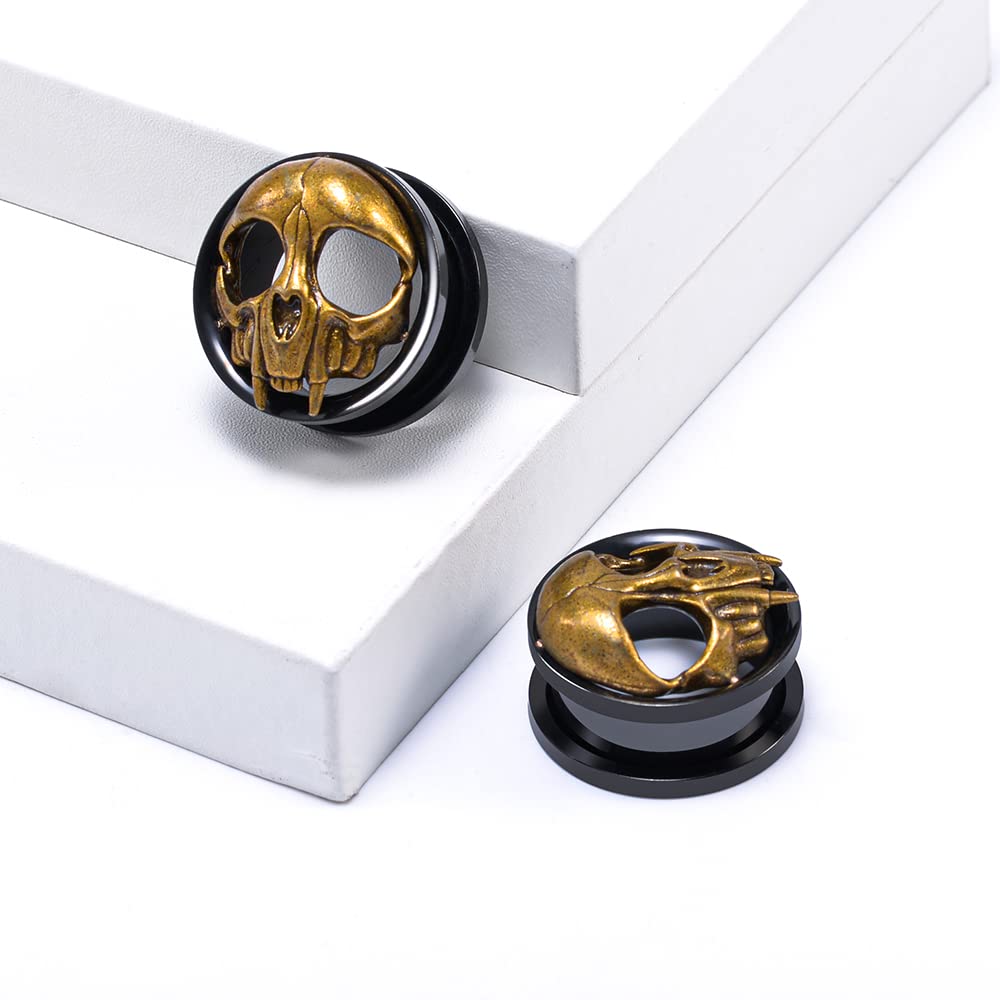 2PCS Stainless Steel Ear Gauges Tunnels Expander Vintage Black Gold Skull 0g-1 inch Body Piercing Jewelry