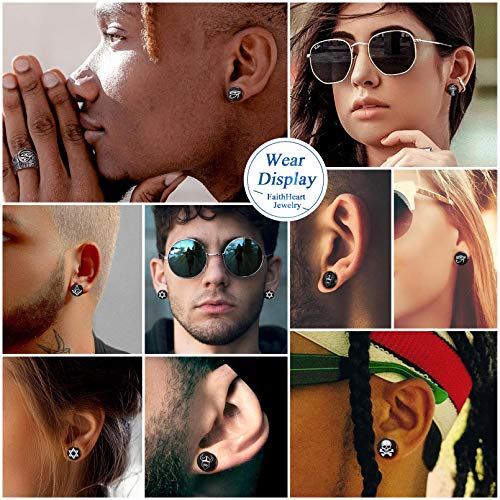 FaithHeart Cool Earrings Set Viking Runes Stuff/Eye of Horus/Cross Black Studs/Hoops Earrings for Men Women with Delicate Packaging