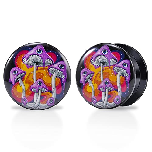 1 Pair Acrylic Solid Screw On Ear Plugs Tunnels Allergy Free 2g- 1 Inch Stretcher Steampunk Graffiti Pattern Color Painting For Women For Men Body Piercing Jewelry