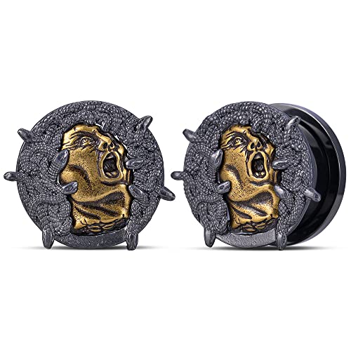 2PCS Cool Ear Gauges Gothic Skull Flesh Tunnels Screw Fit Plugs For Stretched Ears Expander Hanger Piercing Jewelry 0g to 1 inch