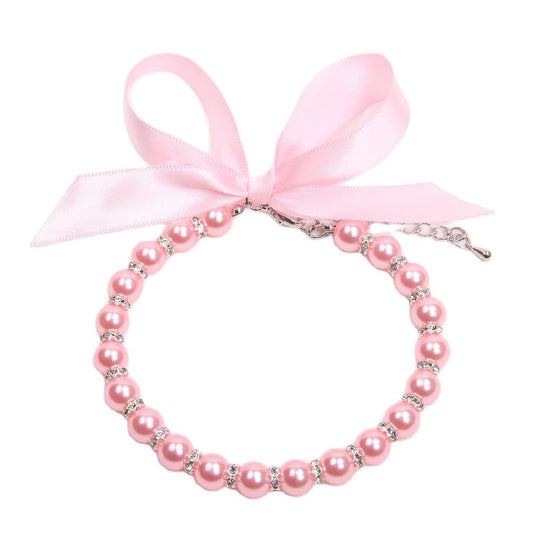 Dog Cat Pearls Necklace Collar with Bling Accessories and Ribbon Bow Pet Puppy Jewelry for Female Dogs Cats Small Medium (XL, Pink)