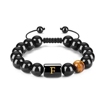Initials Bracelets for Men Letter Link Handmade Natural Black Onyx Tiger Eye Stone Beads Braided Rope Meaningful Bracelet