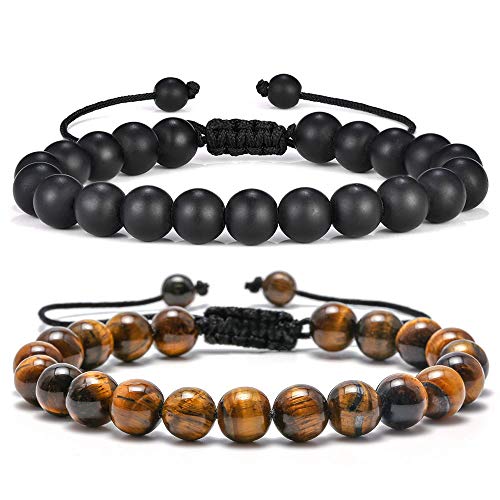 M MOOHAM Natural Stone Bracelets for Men - 8mm Tiger Eye | Matte Agate | Lava Rock Bracelets for Men Teen Boys Gifts Fathers Day Anniversary Birthday Gifts for Him