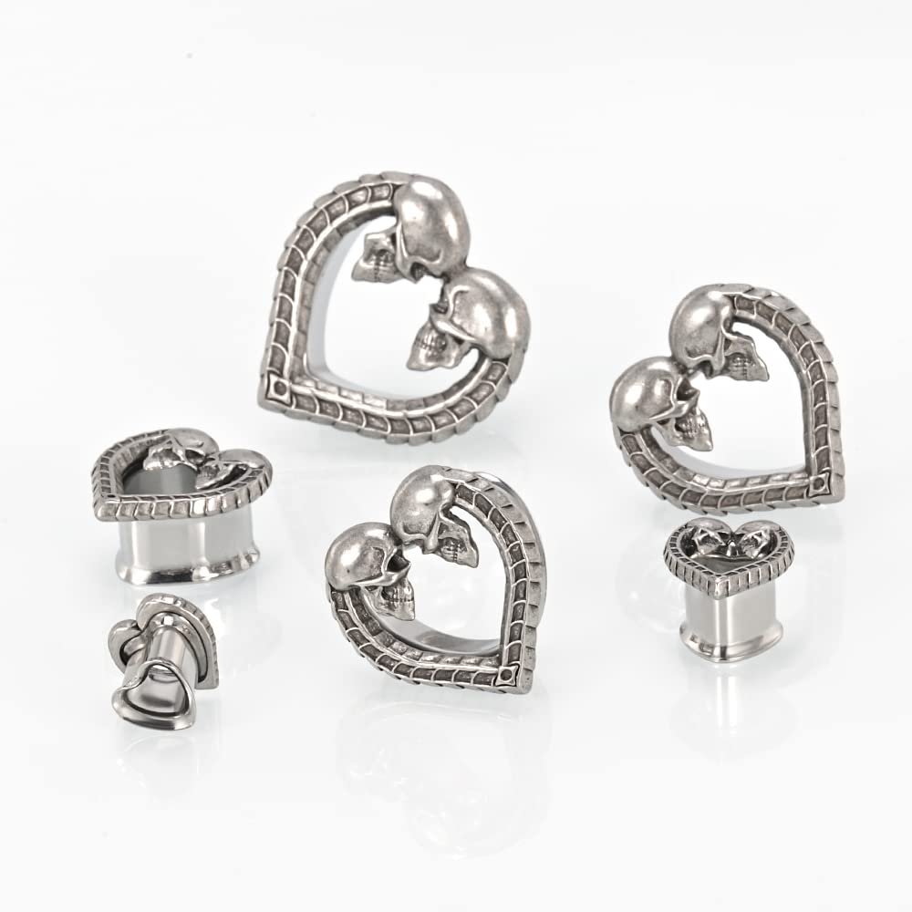 1 Pair Stainless Steel Ear Gauges Tunnels Heart shaped Skull Lovers Antique Silver 0g-1 Inch Single Flare For Men For Women