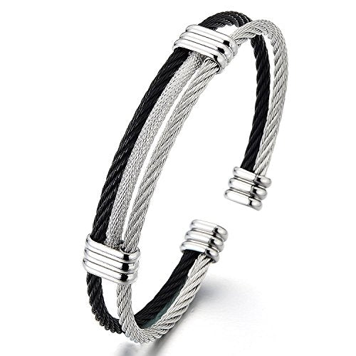 COOLSTEELANDBEYOND Men Women Stainless Steel Twisted Cable Adjustable Cuff Bangle Bracelet