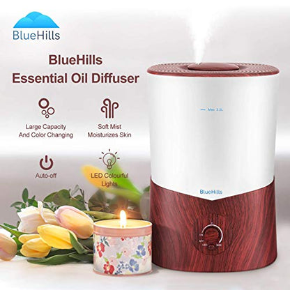 BlueHills Premium 2000 ML XL Essential Oil Diffuser Aromatherapy Humidifier for Large Room Home 40 Hour Run Huge Coverage Area 2 Liter Extra Large Capacity Diffuser Dark Wood Grain (E003)