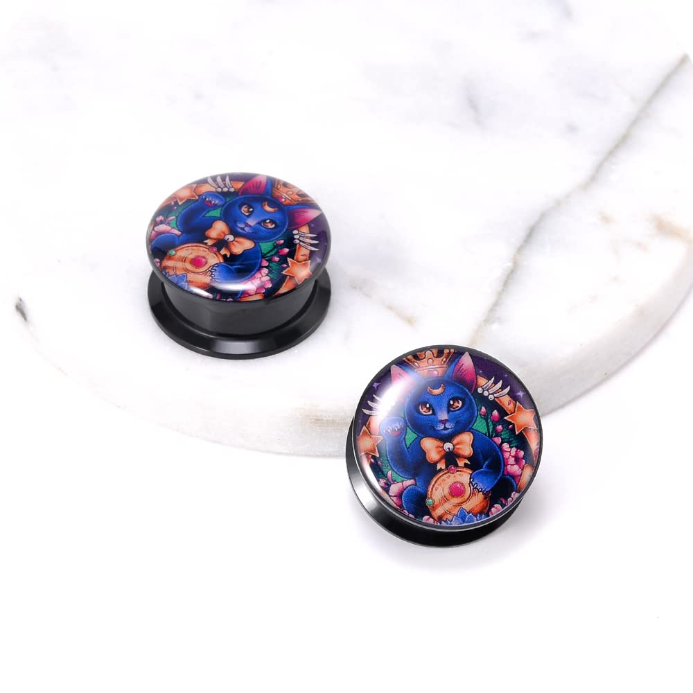 1 Pair Acrylic Solid Screw On Ear Plugs Tunnels Resin Allergy Free Stretcher Egyptian Cat Goddess Egypt Mythology Color Drawing For Women Men Body Piercing Jewelry