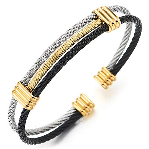 COOLSTEELANDBEYOND Men Women Stainless Steel Twisted Cable Adjustable Cuff Bangle Bracelet