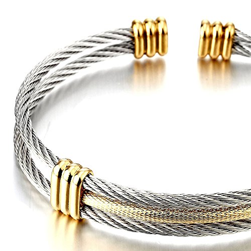 COOLSTEELANDBEYOND Men Women Stainless Steel Twisted Cable Adjustable Cuff Bangle Bracelet