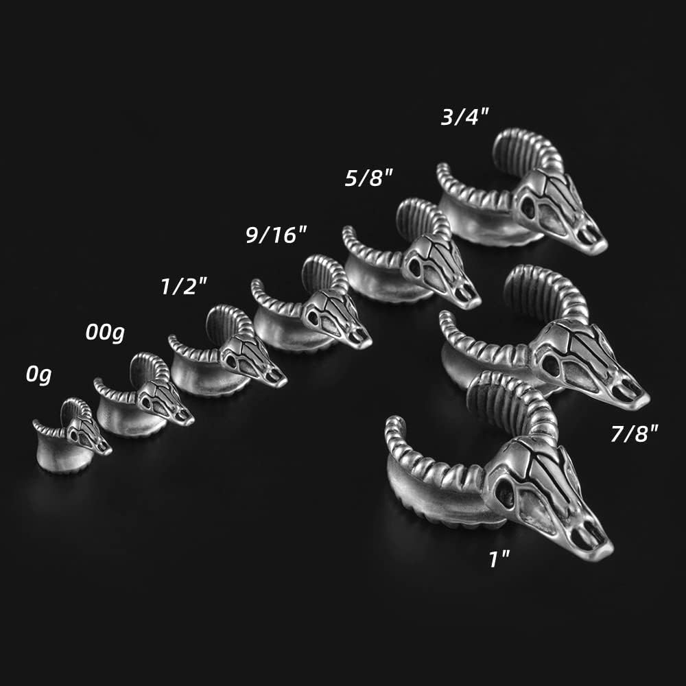 2PCS Punk Skull Ear Tunnels Brass Vintage Double Flared Plugs Cool Gothic Goat Head Ear Gauges Stretcher Piercings Gauge 0g to 1 inch