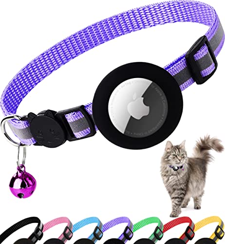 Airtag Cat Collar Breakaway, Reflective Kitten Collar with Apple Air Tag Holder and Bell for Girl Boy Cats, 0.4 Inches in Width and Lightweight(Black)