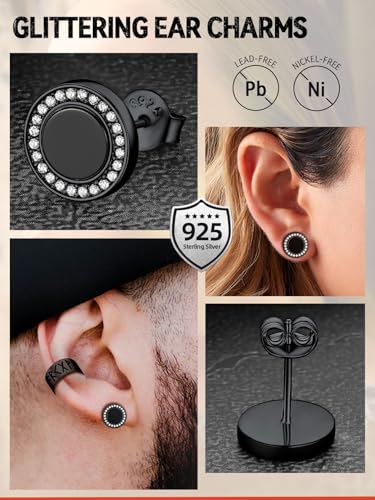 FaithHeart Sterling Silver Viking Runes Earrings for Men Women Black Onyx Stud Earrings Norse Mythology Amulet Jewelry with Gift Box