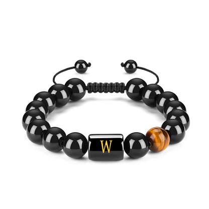 Initials Bracelets for Men Letter Link Handmade Natural Black Onyx Tiger Eye Stone Beads Braided Rope Meaningful Bracelet