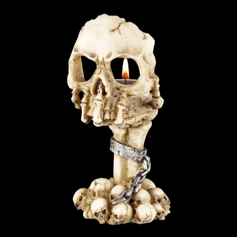 Spooky Tealight Candle Holder - Halloween Decorations Horror Skeleton Skull Candle Holders - Resin Candlestick Gothic Style Home Decor for Bedroom Living Room (White)