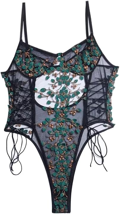 Lilosy Women Sexy Lace Up Floral Embroidered Teddy Lingerie Bodysuit Top Mesh Sheer One Piece