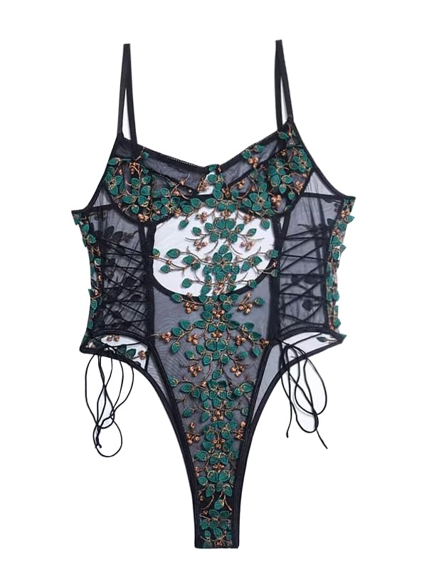 Lilosy Women Sexy Lace Up Floral Embroidered Teddy Lingerie Bodysuit Top Mesh Sheer One Piece