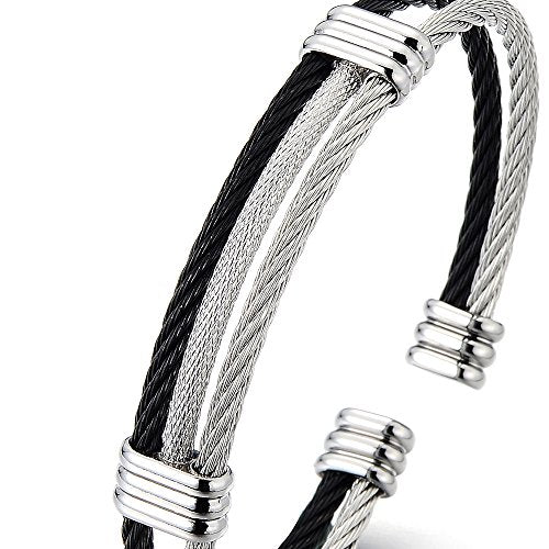 COOLSTEELANDBEYOND Men Women Stainless Steel Twisted Cable Adjustable Cuff Bangle Bracelet