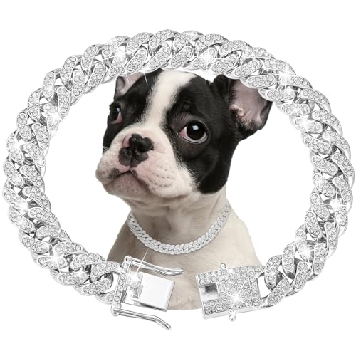 Silver Dog Chain Collar Diamond Cuban Link Dog Collar 13mm Wide Dog Necklace Metal Cat Chain Pet Crystal Collar Jewelry Accessories for Small Medium Large Dogs Cats(10inch)