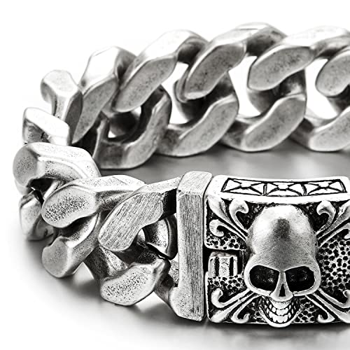 COOLSTEELANDBEYOND Mens Large Vintage Brushed Finishing Steel Curb Chain Bracelet with Fleur De Lis and Skull