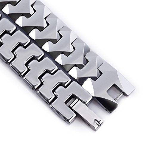 URBAN JEWELRY Stunning Solid Tungsten Link Bracelet for Men Polished Link, Puzzle, Ceramic Style (Silver, Black, 18K Gold Plated Option)