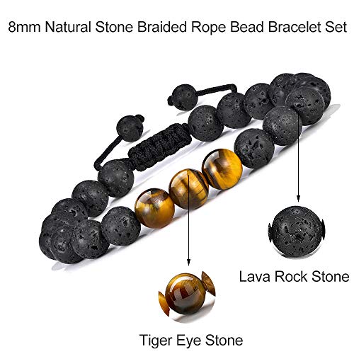 M MOOHAM Natural Stone Bracelets for Men - 8mm Tiger Eye | Matte Agate | Lava Rock Bracelets for Men Teen Boys Gifts Fathers Day Anniversary Birthday Gifts for Him