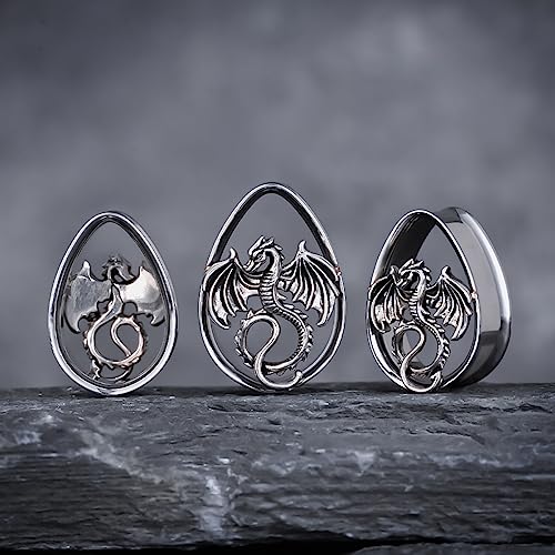 COOEAR 1 Pair Double FLared Tear Drop Ear Tunnels Piercing Stainless Steel Scarab Gauges Silvery Earrings Plugs 0g to 1".