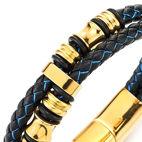 COOLSTEELANDBEYOND Mens Double-Row Braided Leather Bracelet Bangle Wristband with Stainless Steel Ornaments