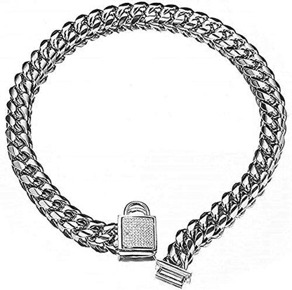 Gold Dog Chain Collar 10mm Wide Cuban Link Puppy Collar 316L Stainless Steel with CZ Diamond Lock Bling Collar for Large Medium Small Dogs(10mm Gold,10inches)