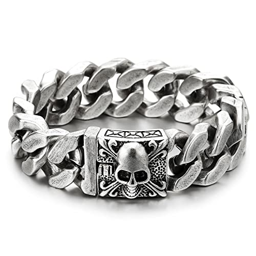 COOLSTEELANDBEYOND Mens Large Vintage Brushed Finishing Steel Curb Chain Bracelet with Fleur De Lis and Skull