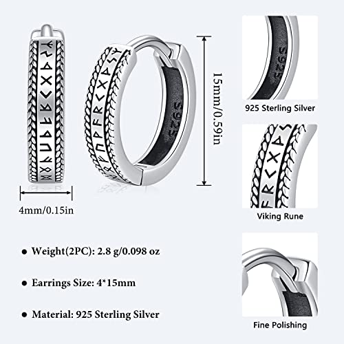 Odinstone Viking Earrings for Men Women, Norse Viking Hoop Earrings Rune Hollow-Carved Design 925 Sterling Silver Huggie Hoops Earrings Jewelry Gift