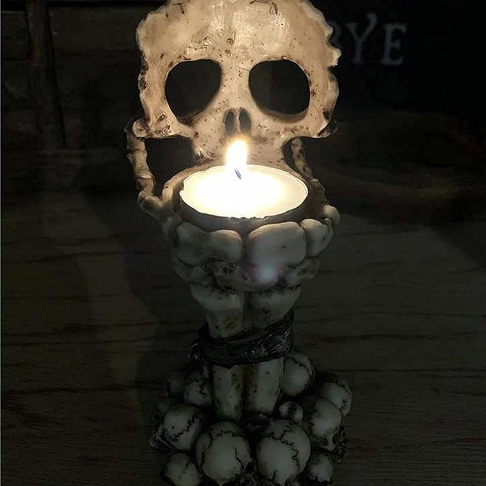 Spooky Tealight Candle Holder - Halloween Decorations Horror Skeleton Skull Candle Holders - Resin Candlestick Gothic Style Home Decor for Bedroom Living Room (White)