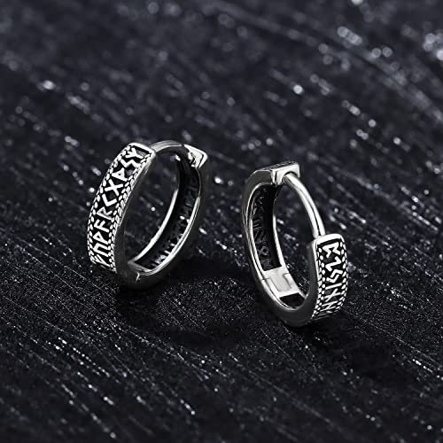 Odinstone Viking Earrings for Men Women, Norse Viking Hoop Earrings Rune Hollow-Carved Design 925 Sterling Silver Huggie Hoops Earrings Jewelry Gift