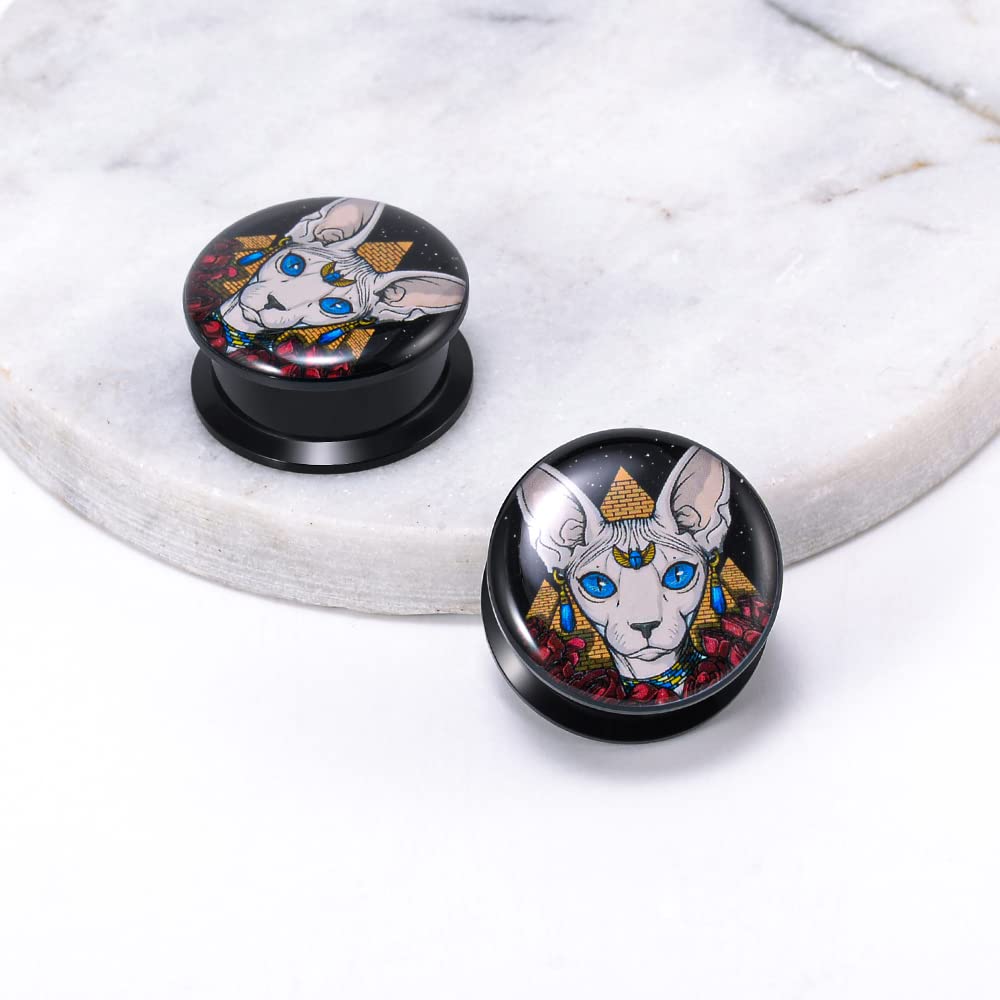1 Pair Acrylic Solid Screw On Ear Plugs Tunnels Resin Allergy Free Stretcher Egyptian Cat Goddess Egypt Mythology Color Drawing For Women Men Body Piercing Jewelry